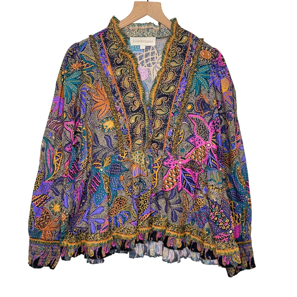 Love the Label Blouse Womens L Artisan Batik Paisley Boho Ruffle festival Top